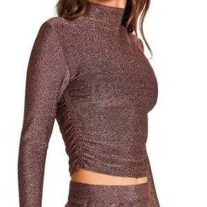 BB Dakota by Steve Madden Side Hustle Ruched Glitter Mock Neck Top Rose Gold